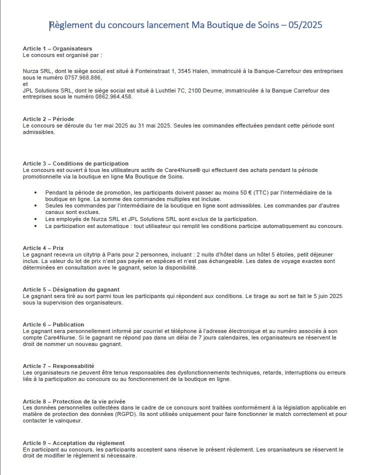 Reglement du concours lancement Ma Boutique de Soins