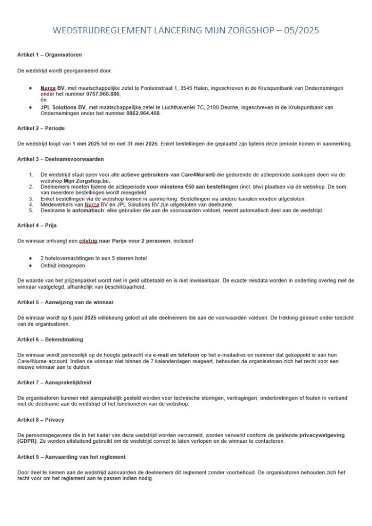 Wedstrijdreglement Mijn Zorgshop, bestellen via Care4Nurse